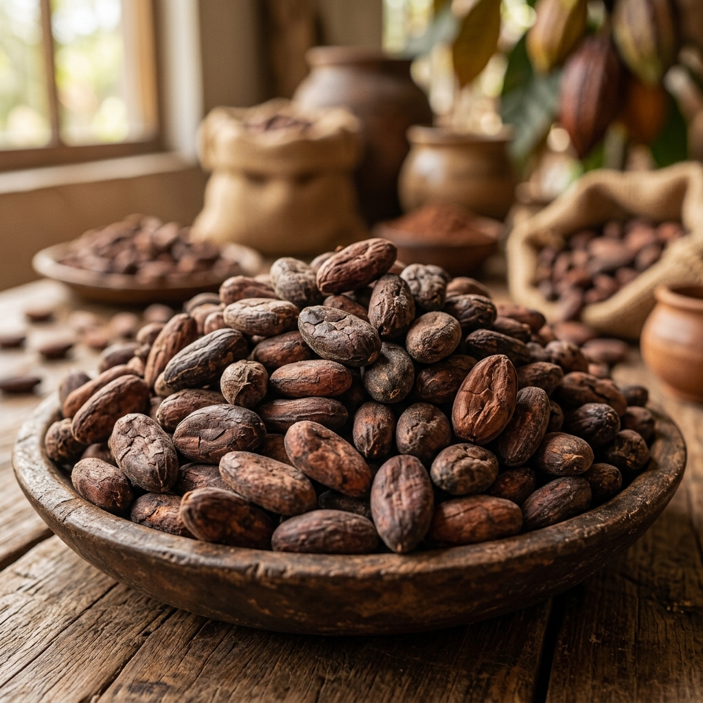 Premium whole raw cocoa beans pile representing agricultural import
