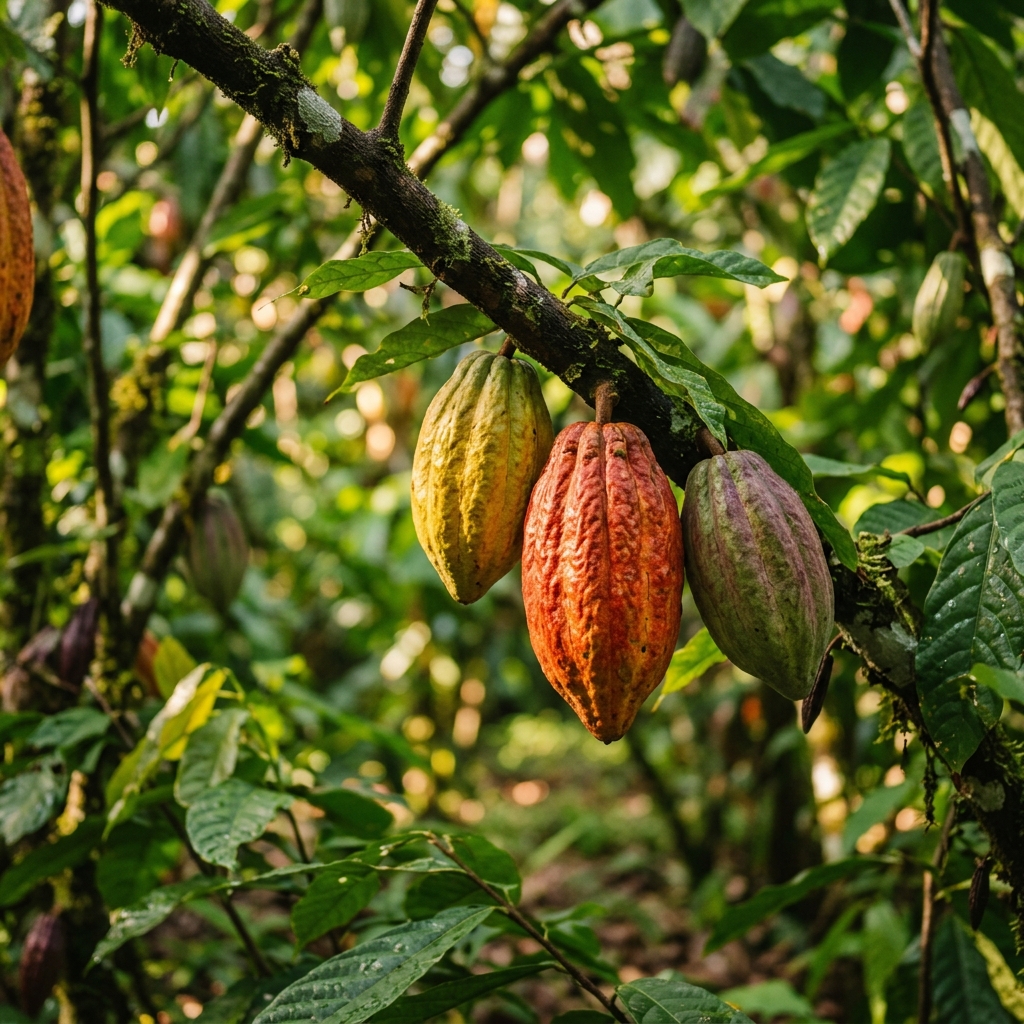 Cocoa tree pod hanging from branch in a lush plantation representing agricultural commodity sourcing