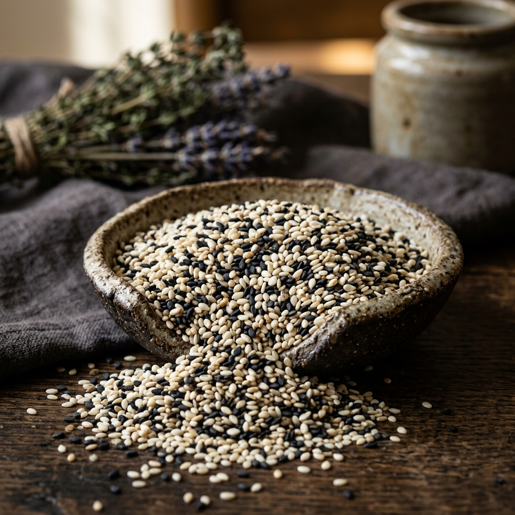 Premium white and black sesame seeds overflowing from a bowl