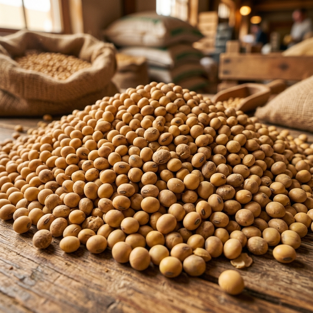 Premium organic raw soya beans piled in heap